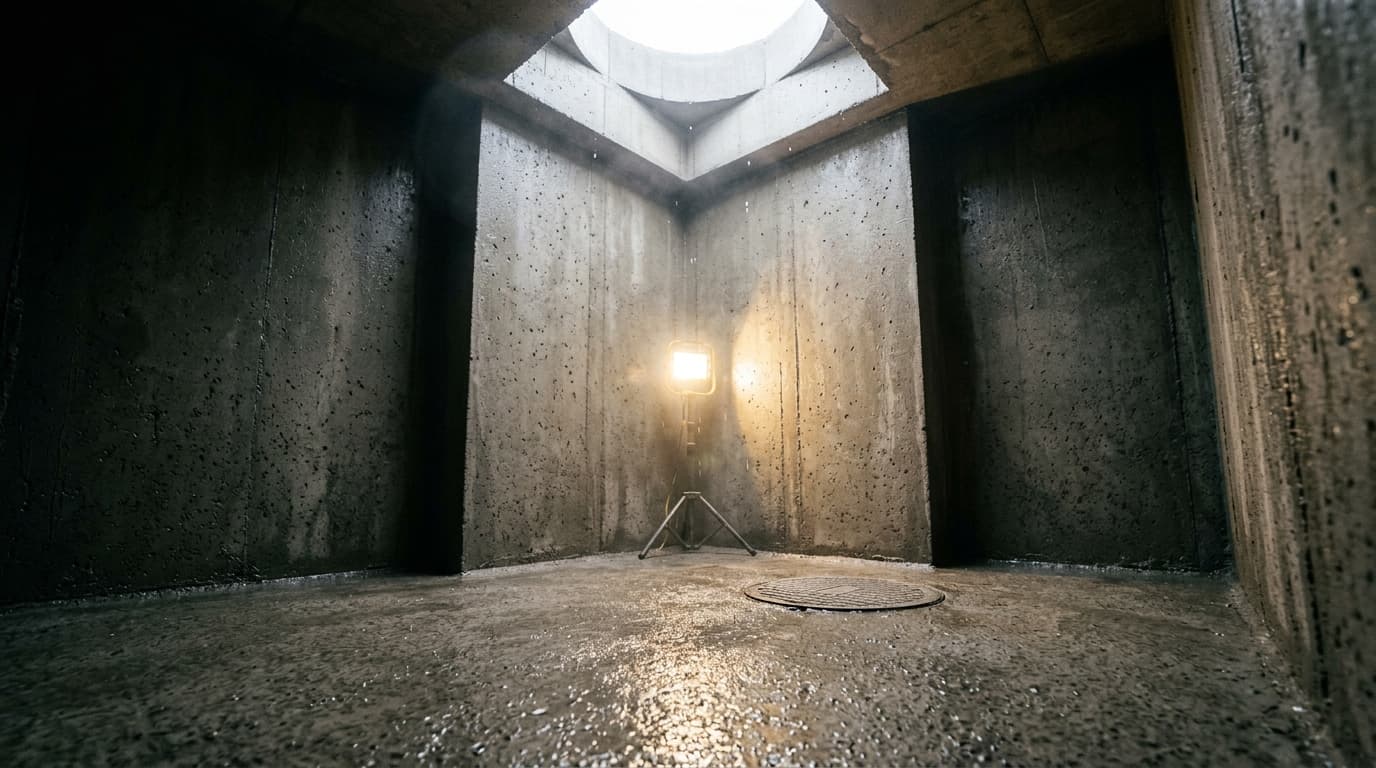 The same tank after a Safaai Saathi clean — bare concrete, lit and dry