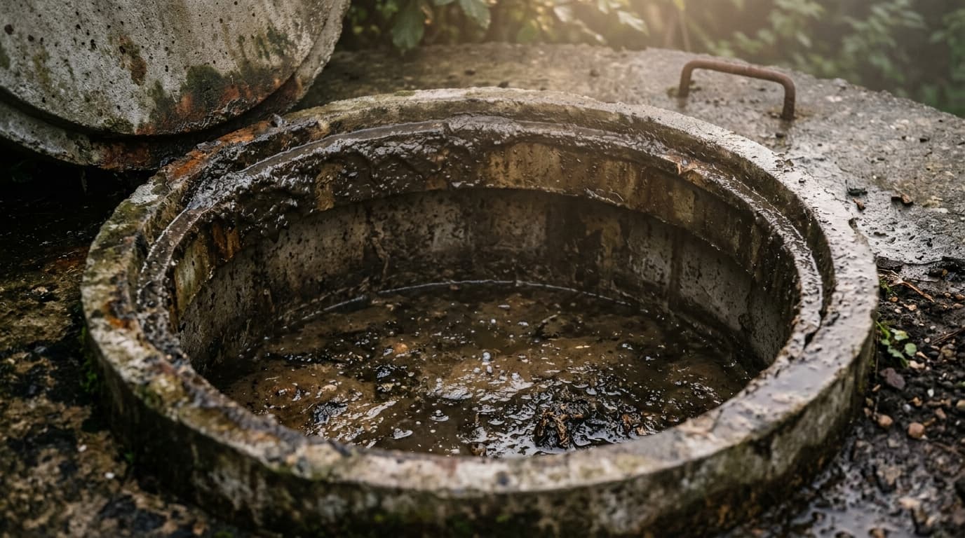 A neglected tank before cleaning — sludge and standing water